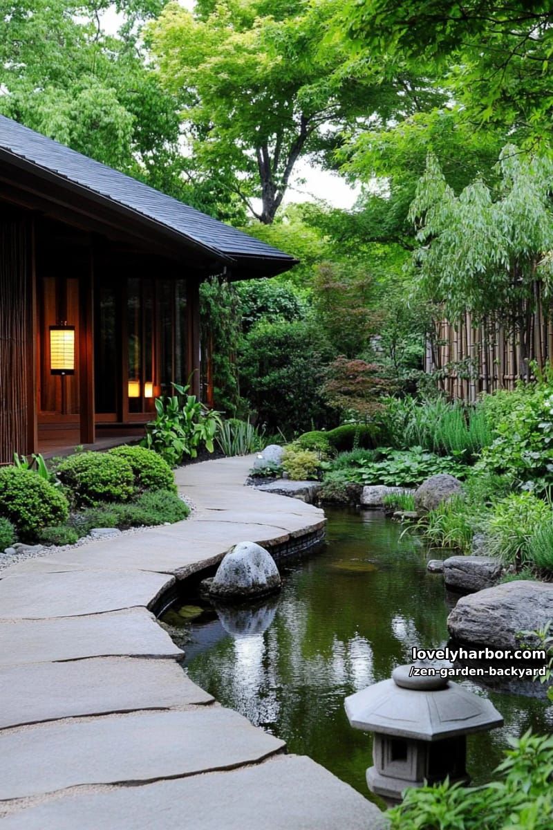 japanese garden with winding stone path, pond, and ambient lighting. 1