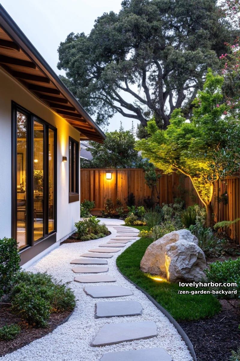 japanese-inspired backyard with curved stone path, shrubs, and built-in lighting. 1