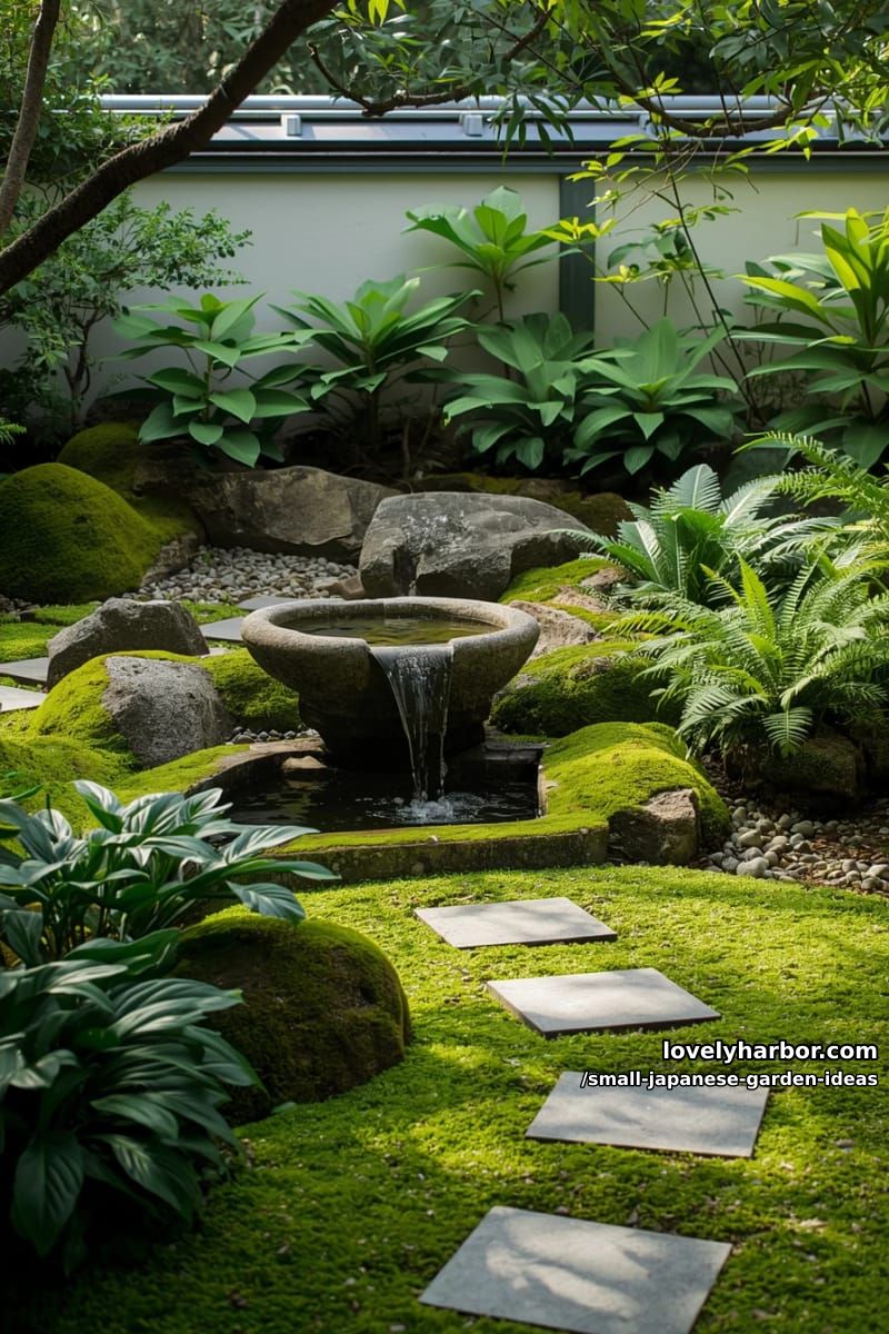 japanese-inspired garden with stone water feature, moss, ferns, and hostas. 1