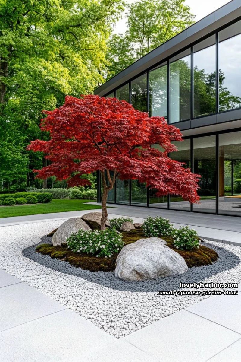 japanese rock garden with maple tree, smooth rocks, ornamental shrubs, and modern backdrop. 1