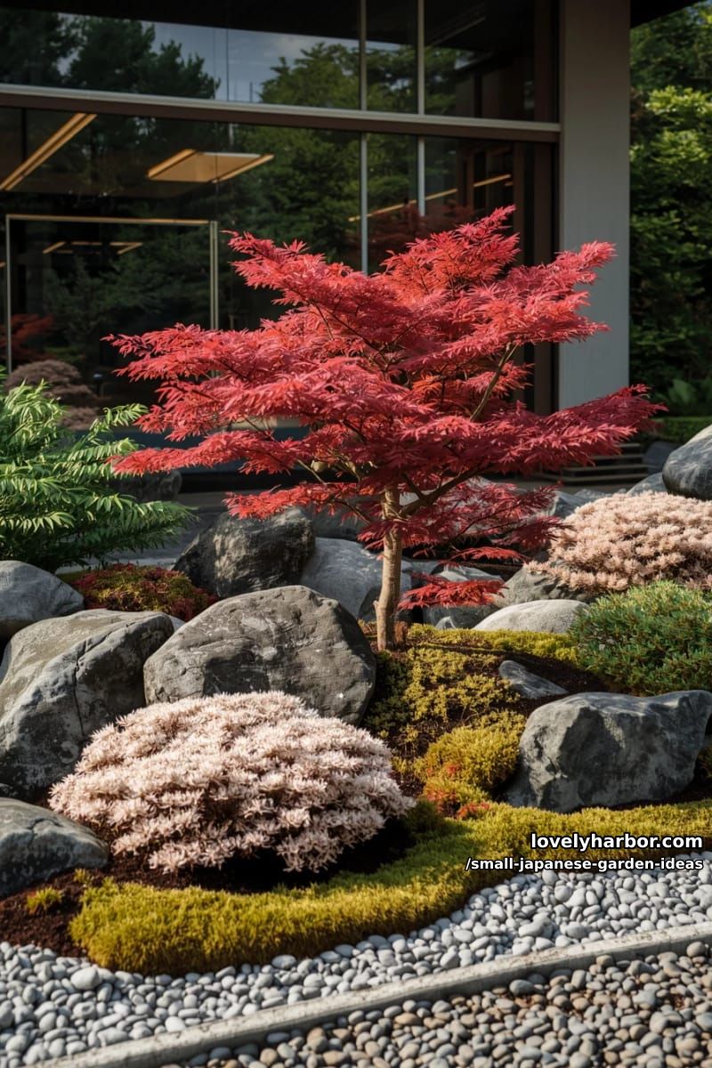 japanese rock garden with maple tree, smooth rocks, ornamental shrubs, and modern backdrop. 1