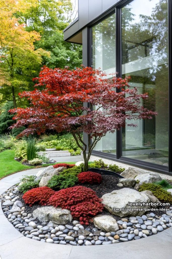 japanese rock garden with maple tree, smooth rocks, ornamental shrubs, and modern backdrop. 18