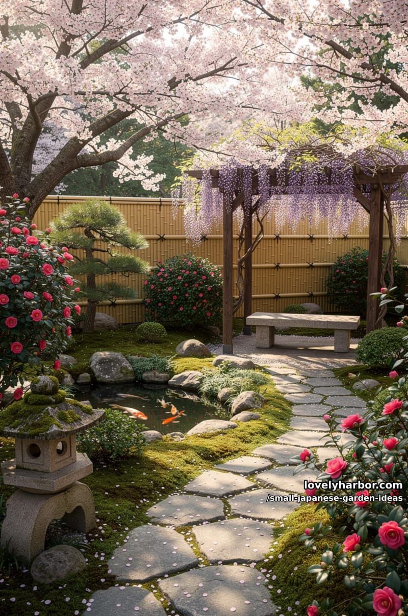 japanese-style garden collage with cherry blossoms, wisteria, camellias, and evergreens. 1