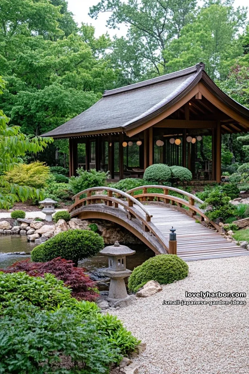 20 Small Japanese Garden Ideas for a Zen Atmosphere 51 japanese-style garden with arched bridge, bonsai, maples, stone lanterns, and paper lanterns. 1