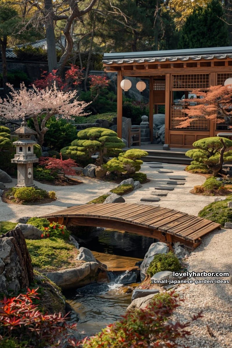 japanese-style garden with arched bridge, bonsai, maples, stone lanterns, and paper lanterns. 1