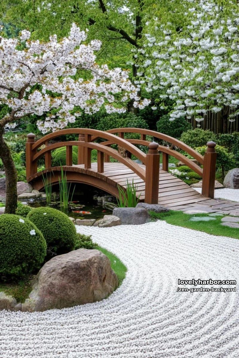 japanese zen garden with raked gravel, wooden bridge, pond, and bonsai trees. 1