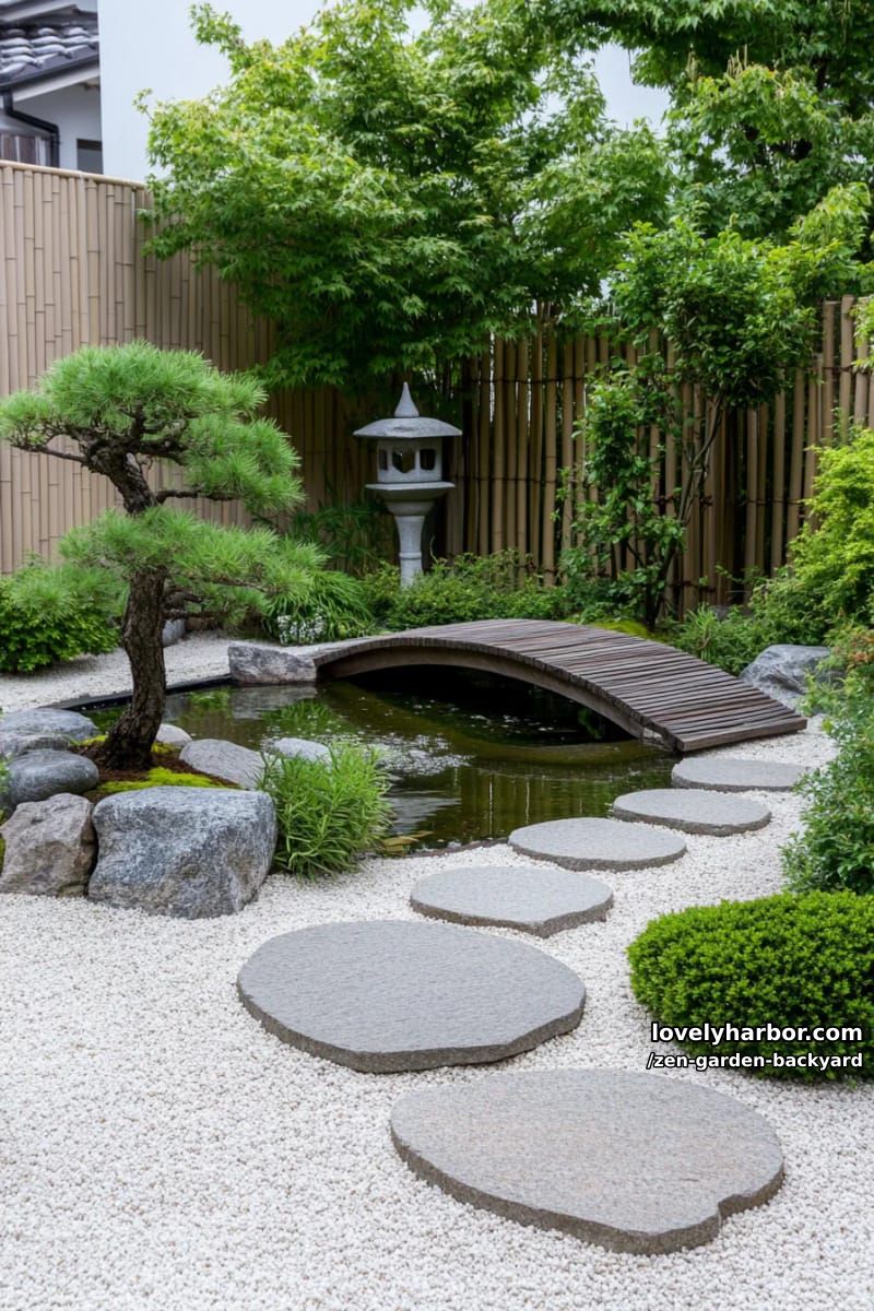 japanese zen garden with raked gravel, wooden bridge, pond, and bonsai trees. 1