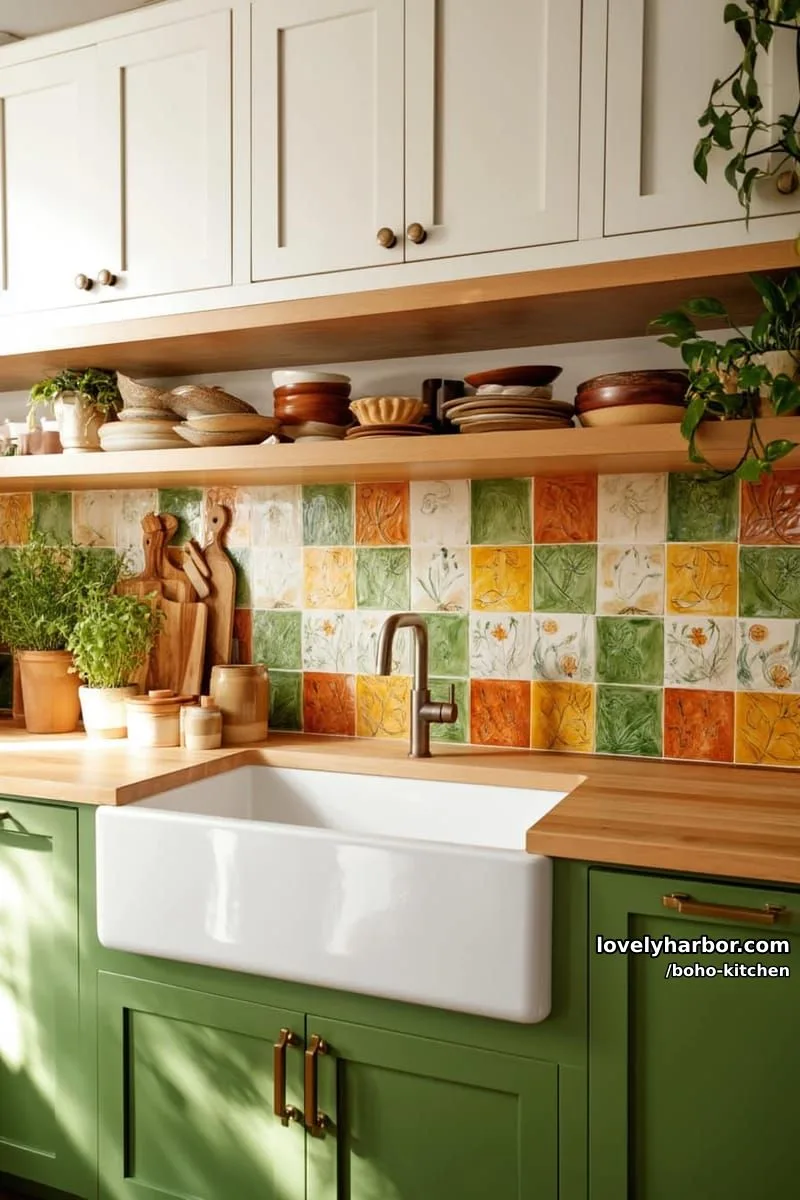 kitchen corner, farmhouse sink, green cabinets, colorful botanical tile, open shelves, herbs. 1
