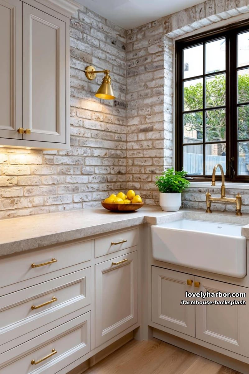 kitchen corner with beige cabinets, apron sink, and whitewashed brick walls. 1