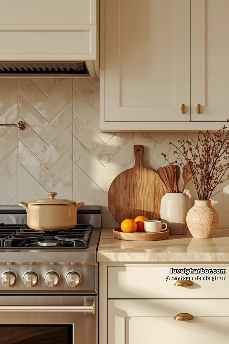 kitchen corner with beige stone counters, cream cabinets, and herringbone tile. 1