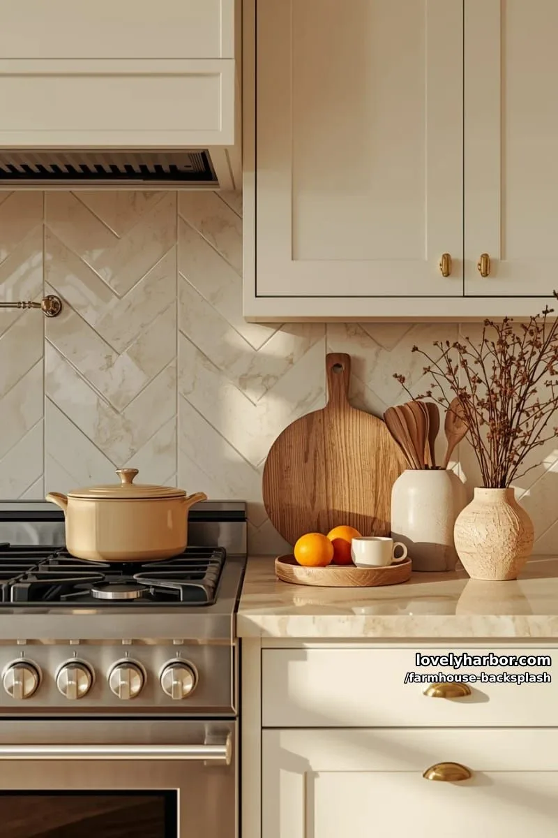 57 Stunning Farmhouse Backsplash Ideas You'll Love 69 kitchen corner with beige stone counters, cream cabinets, and herringbone tile. 1