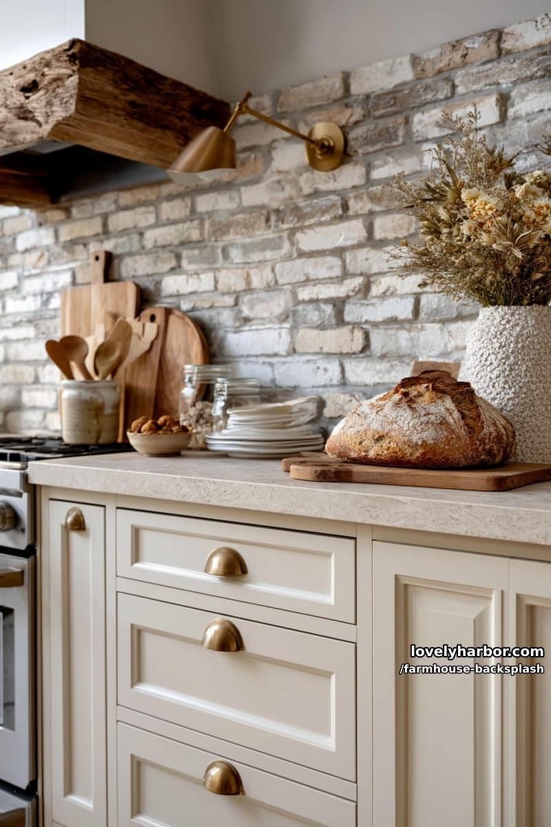 kitchen corner with cream cabinets, whitewashed brick, and brass sconce. 1