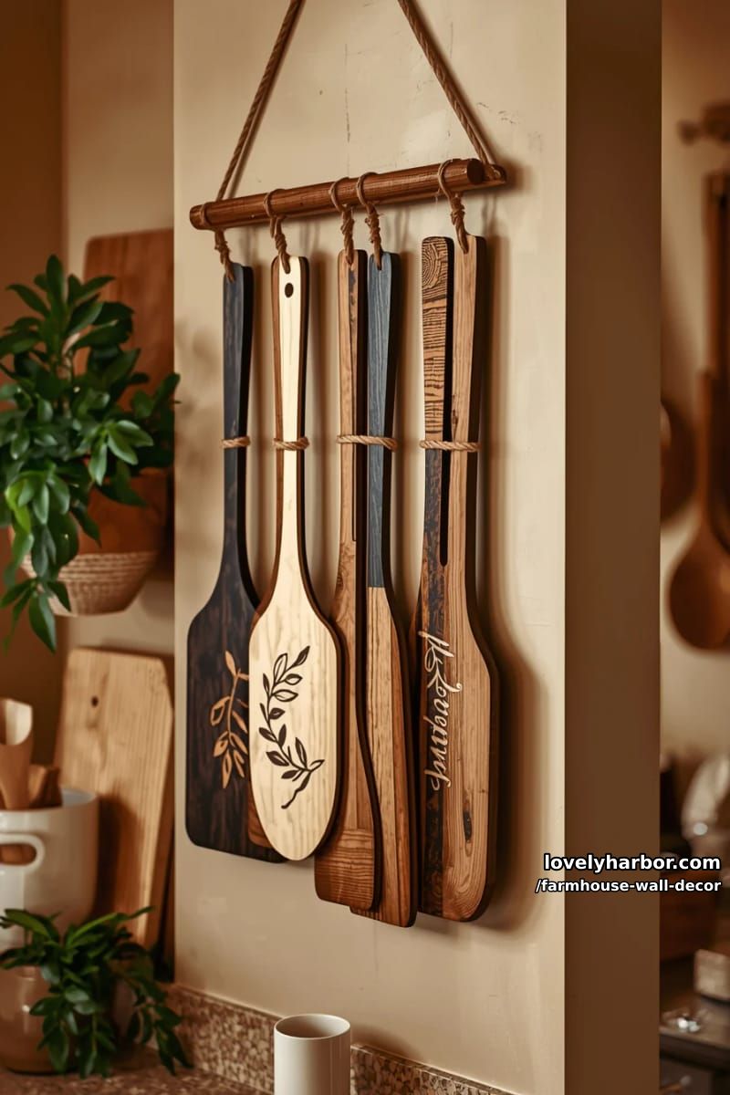 kitchen wall decor with hanging wooden utensils in varied shapes and colors. 1