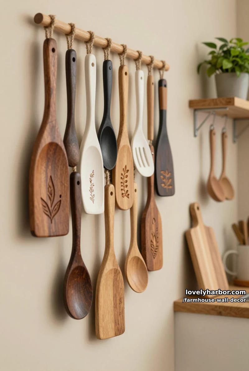kitchen wall decor with hanging wooden utensils in varied shapes and colors. 1