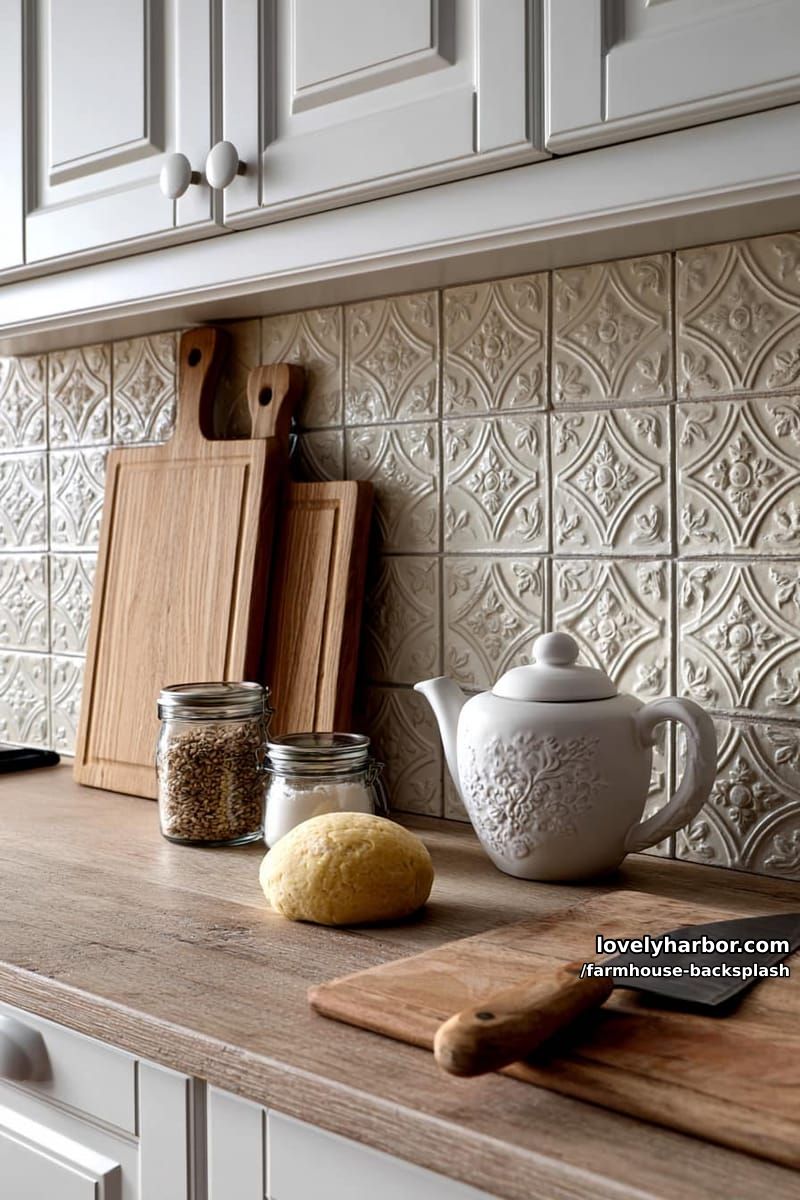 kitchen with embossed tile backsplash, white cabinets, and ceramic accessories. 1