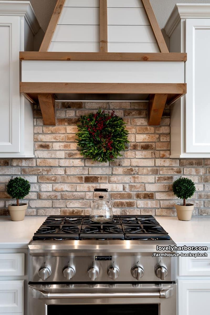 kitchen with exposed brick backsplash, paneled hood, and decorative wreath. 1