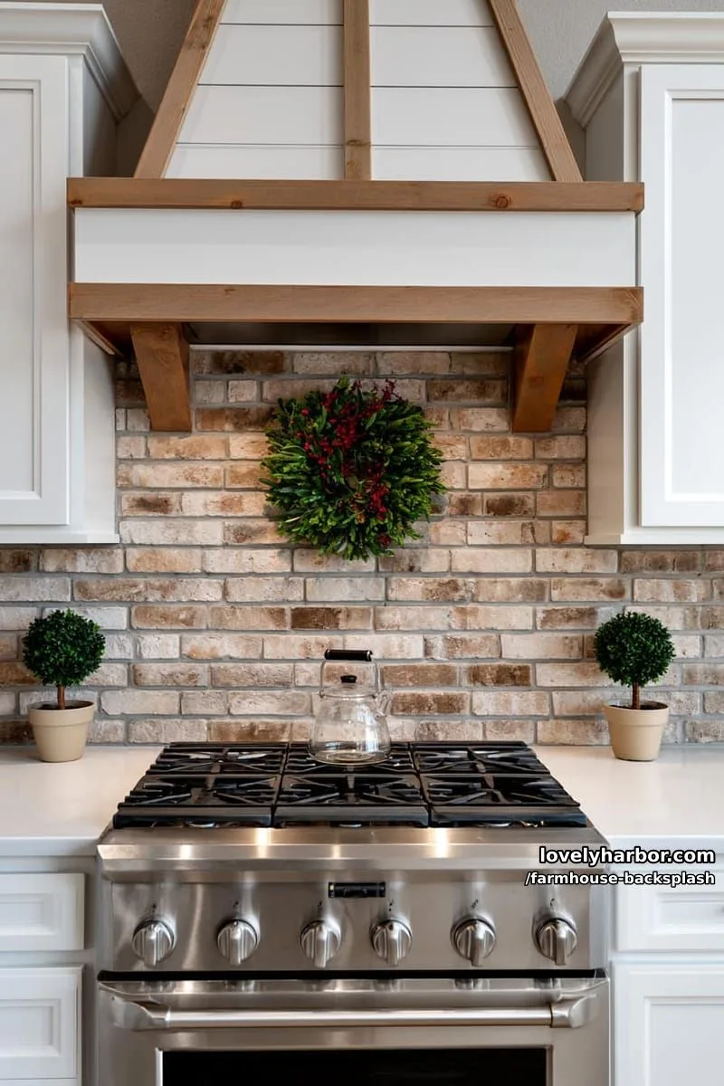57 Stunning Farmhouse Backsplash Ideas You'll Love 76 kitchen with exposed brick backsplash, paneled hood, and decorative wreath. 1