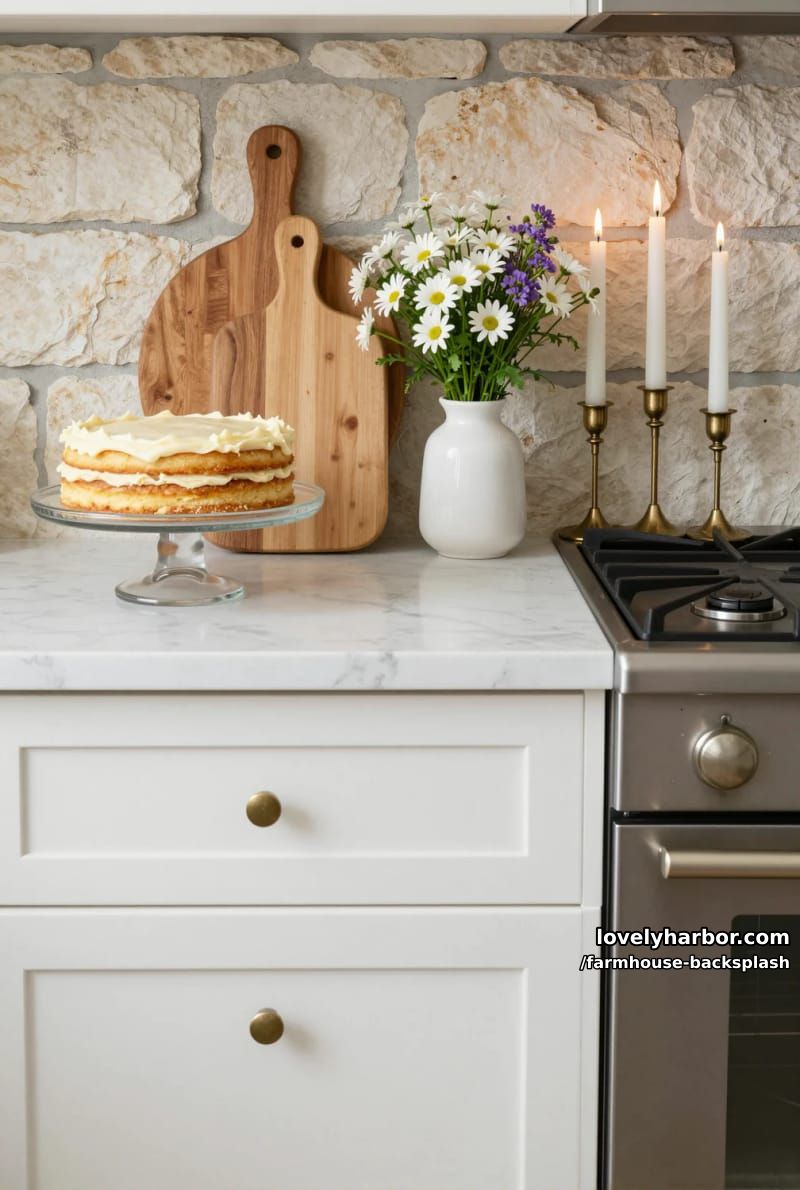 kitchen with marble countertop, rustic stone backsplash, and layered cake. 1