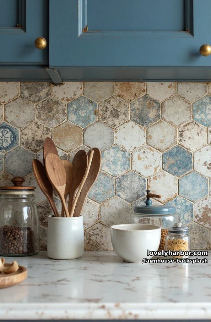 kitchen with rustic stone countertop, hex tile backsplash, and blue cabinets. 1