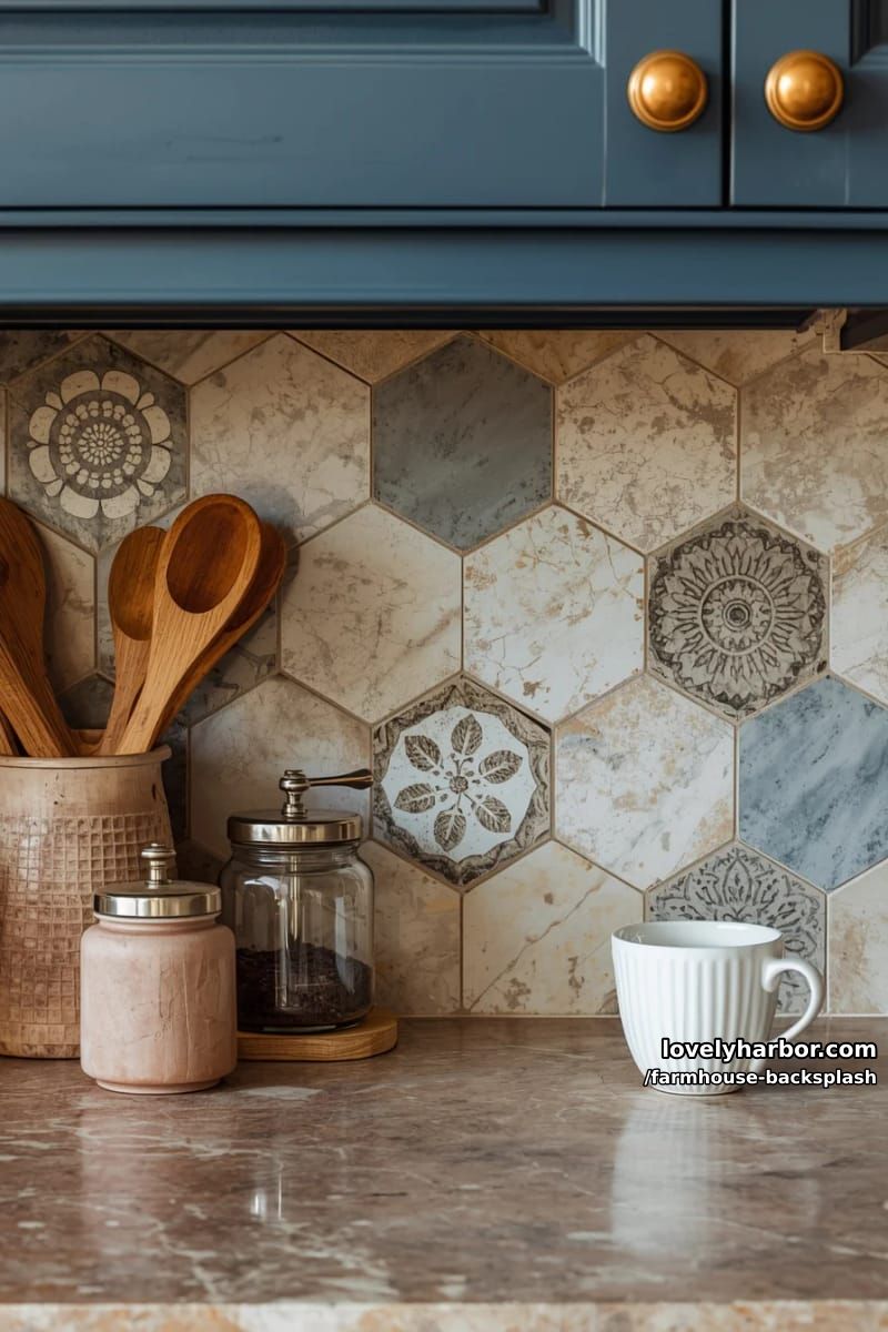 kitchen with rustic stone countertop, hex tile backsplash, and blue cabinets. 1