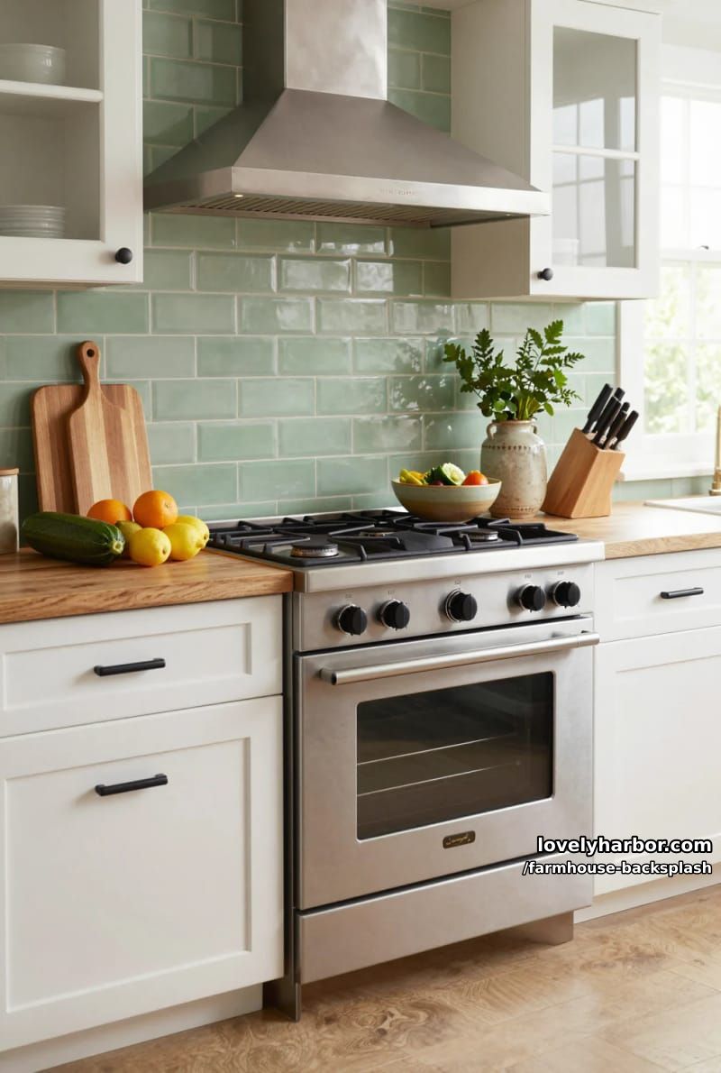 kitchen with sage green subway tile backsplash and glass-fronted cabinets. 1