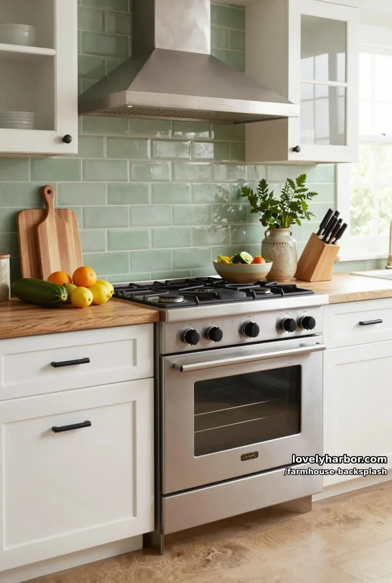 57 Stunning Farmhouse Backsplash Ideas You'll Love 38 kitchen with sage green subway tile backsplash and glass-fronted cabinets. 1