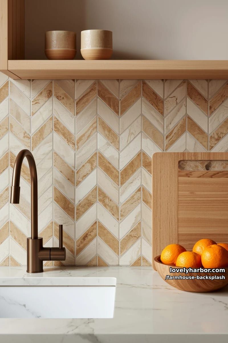 kitchen with x-pattern tile backsplash, bronze faucet, and wood shelving. 1