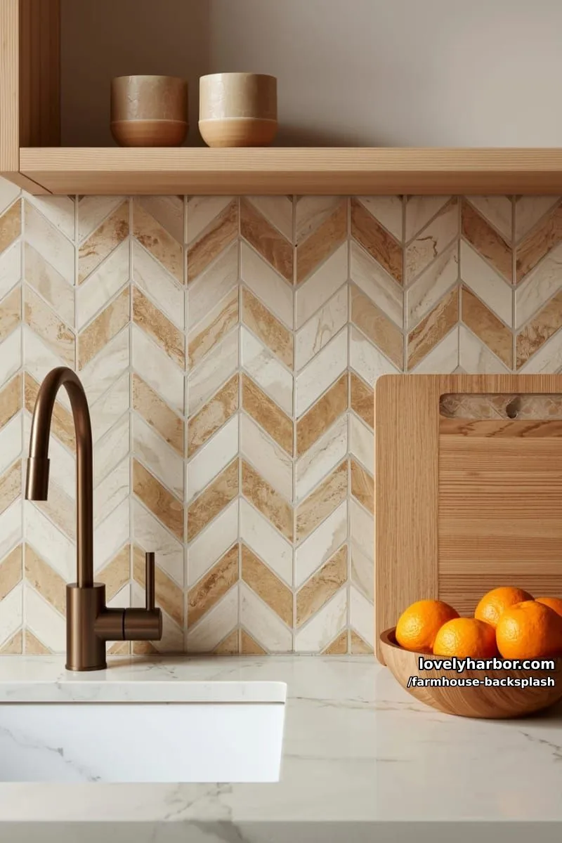 57 Stunning Farmhouse Backsplash Ideas You'll Love 70 kitchen with x-pattern tile backsplash, bronze faucet, and wood shelving. 1