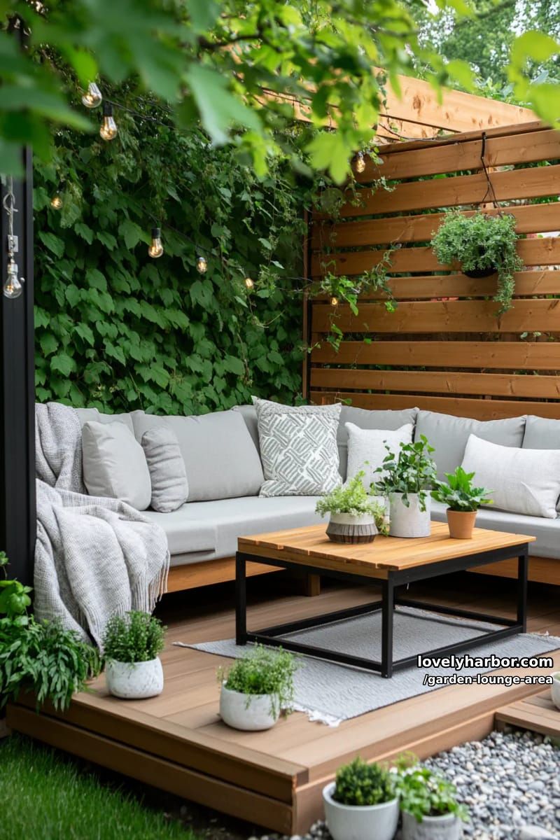 l-shaped sectional on deck with privacy screens and lush foliage 1