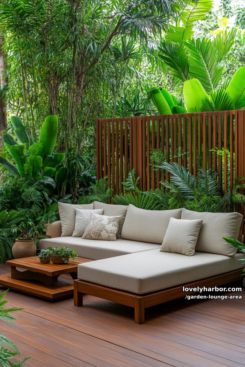 l-shaped sectional on deck with privacy screens and lush foliage 1