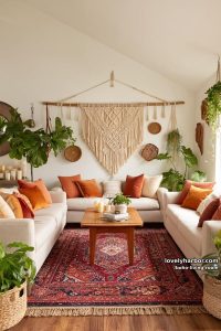 44 Boho Living Room Ideas to Inspire Your Dream Space 1 l-shaped sofas living room with oriental rug and macrame wall art. 45