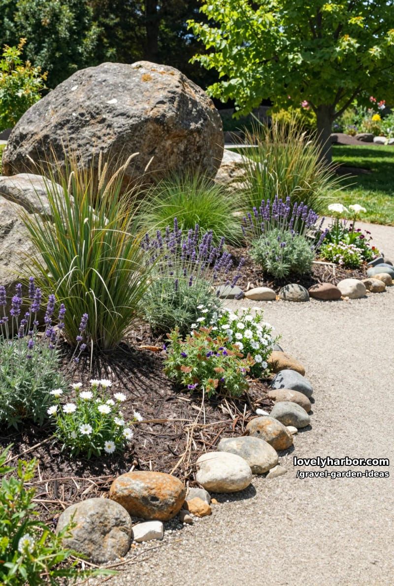 landscaped garden with boulders, grasses, lavender, and winding gravel path. 1