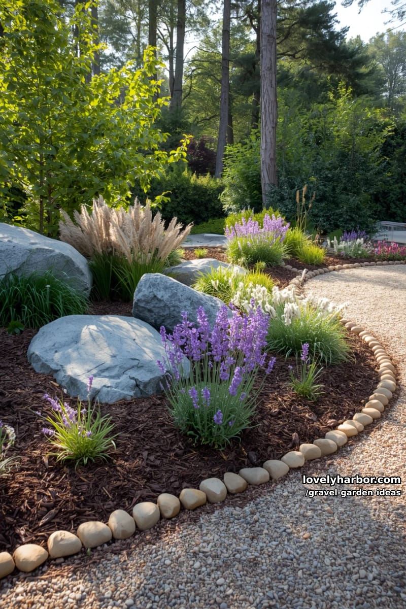 landscaped garden with boulders, grasses, lavender, and winding gravel path. 1