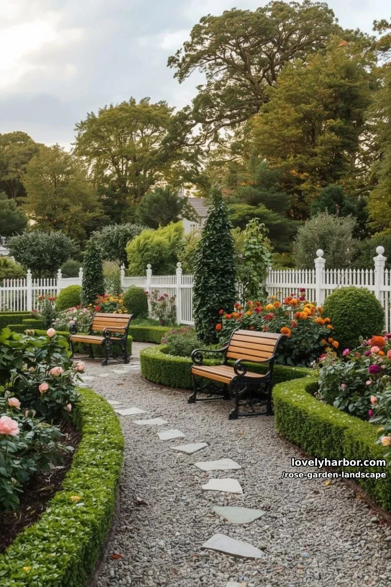 landscaped garden with boxwood hedges, rose bushes, benches, and picket fence. 1