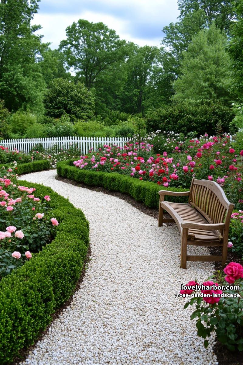 20 Rose Garden Landscape Ideas with Heavenly Charm 46 landscaped garden with boxwood hedges, rose bushes, benches, and picket fence. 1