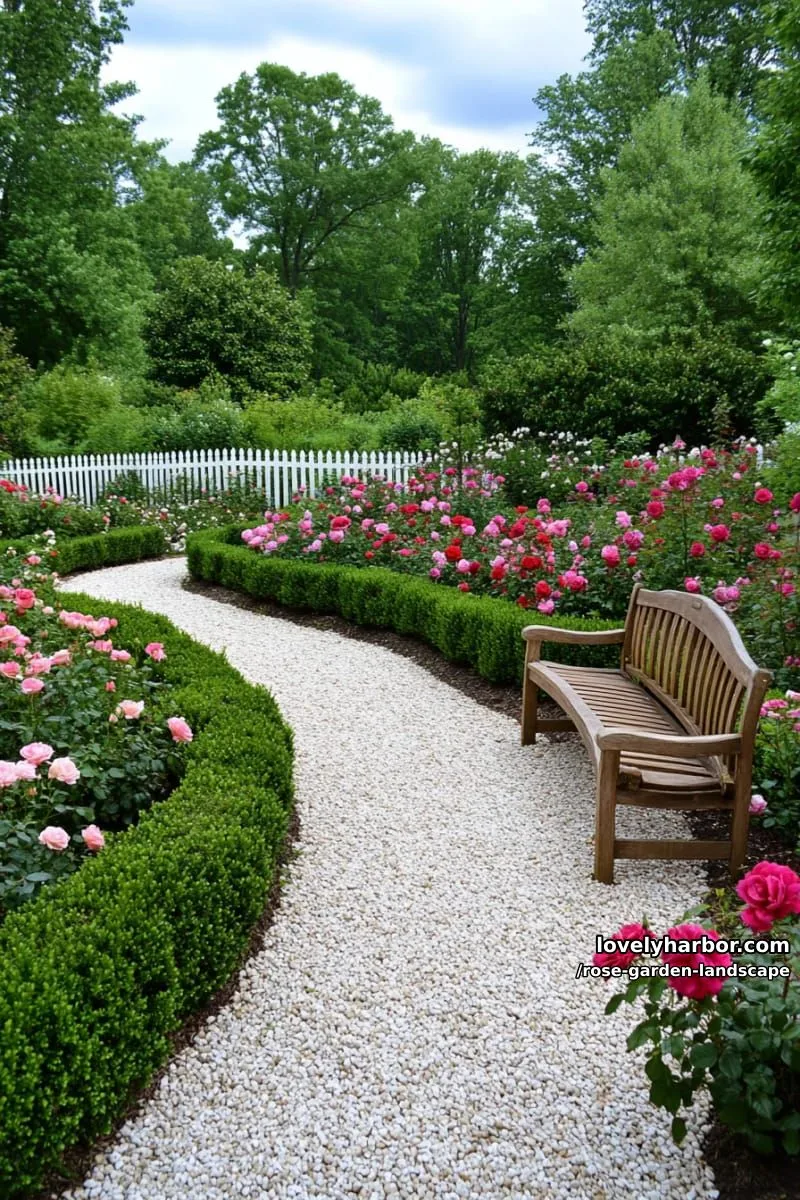 landscaped garden with boxwood hedges, rose bushes, benches, and picket fence. 1