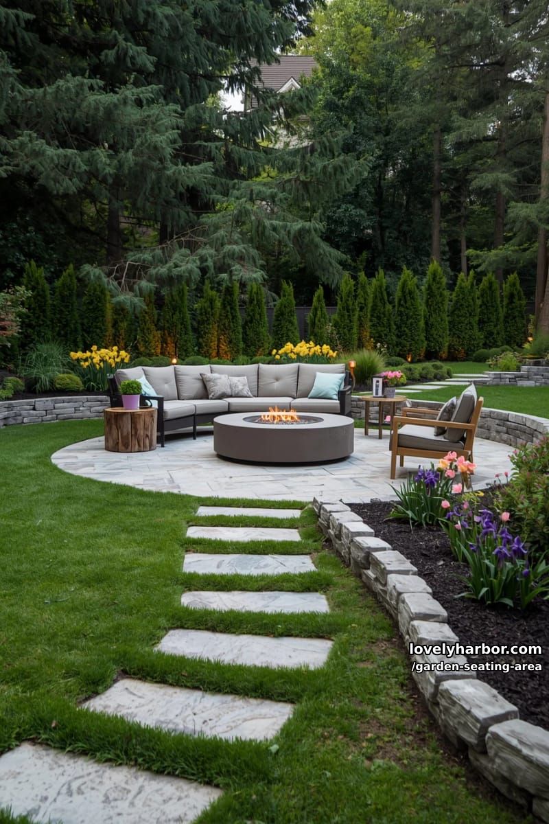 landscaped garden with curved stone path, fire pit, sectional sofa, vibrant flowers 1