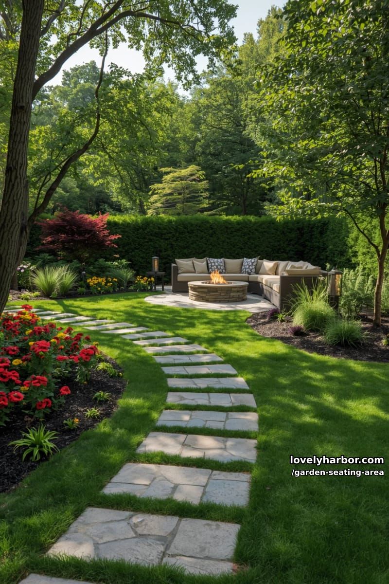 landscaped garden with curved stone path, fire pit, sectional sofa, vibrant flowers 1