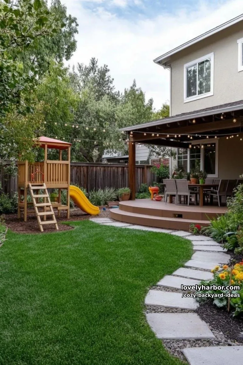20 Cozy Backyard Ideas You Must Try 29 landscaped yard with pergola, playset, raised beds, and dining patio 1