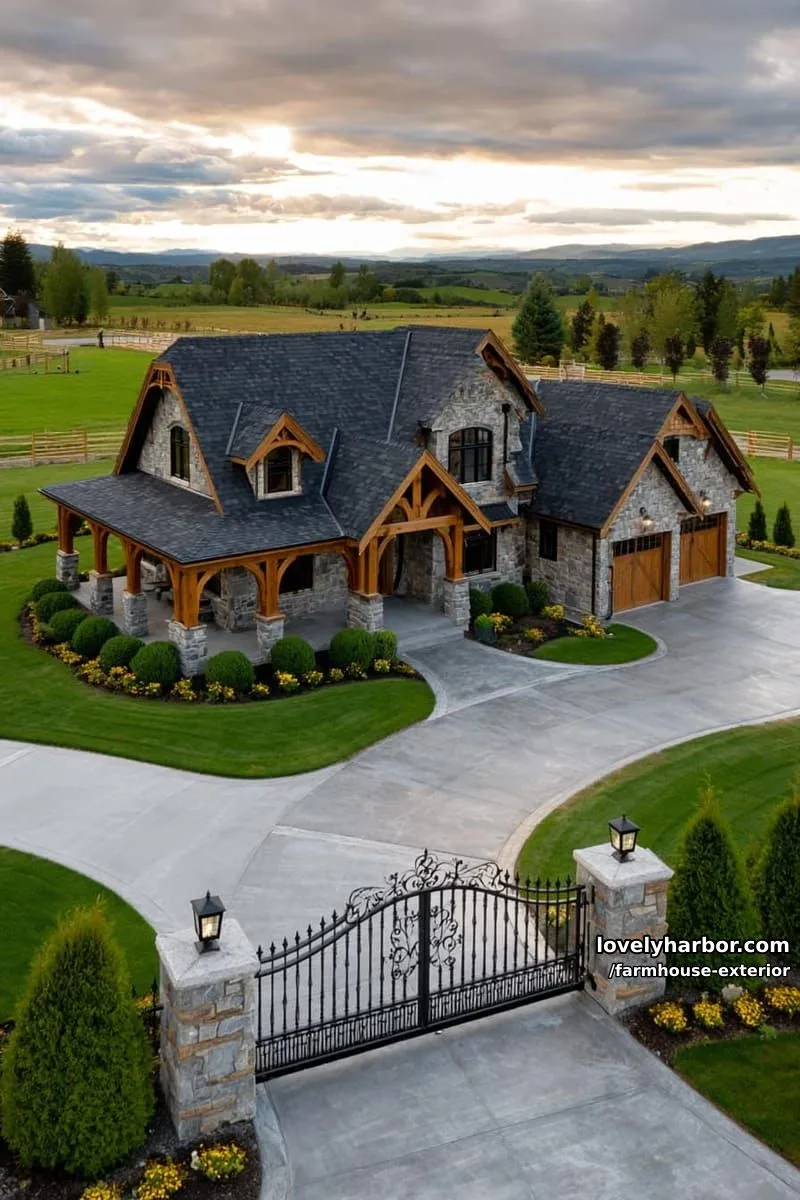 44 New Farmhouse Exterior Designs To Copy 73 large country house, stone and wood, multiple gables, wraparound porch, manicured grounds, iron gate. 1