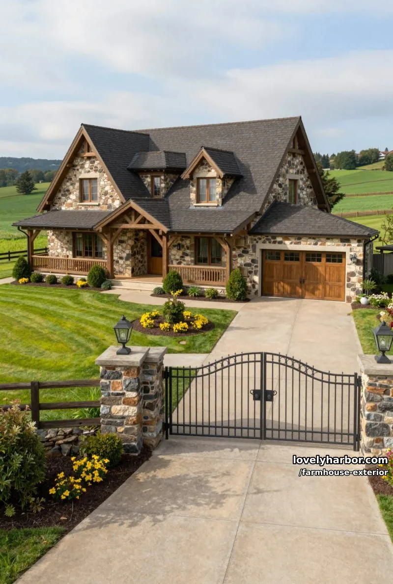 44 New Farmhouse Exterior Designs To Copy 74 large country house, stone and wood, multiple gables, wraparound porch, manicured grounds, iron gate. 1