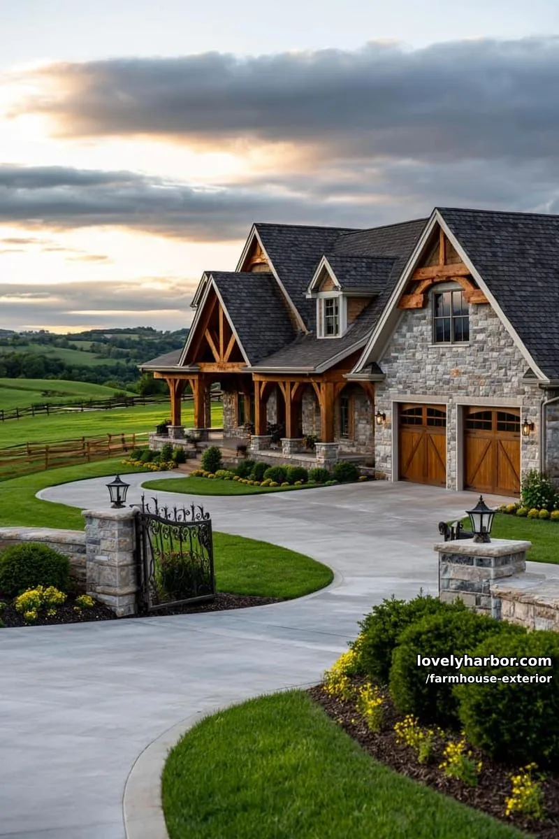 44 New Farmhouse Exterior Designs To Copy 75 large country house, stone and wood, multiple gables, wraparound porch, manicured grounds, iron gate. 1