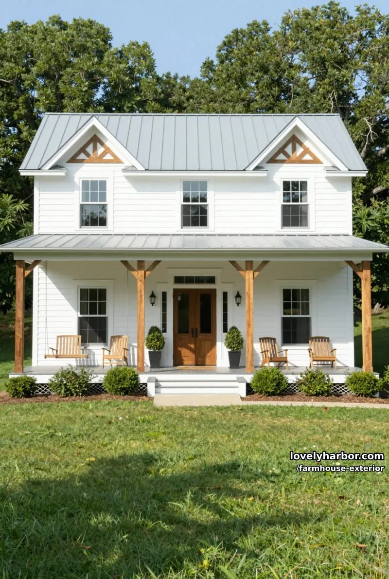 44 New Farmhouse Exterior Designs To Copy 41 large farmhouse, gray roof, wraparound porch, double doors, manicured shrubs, clear sky. 1