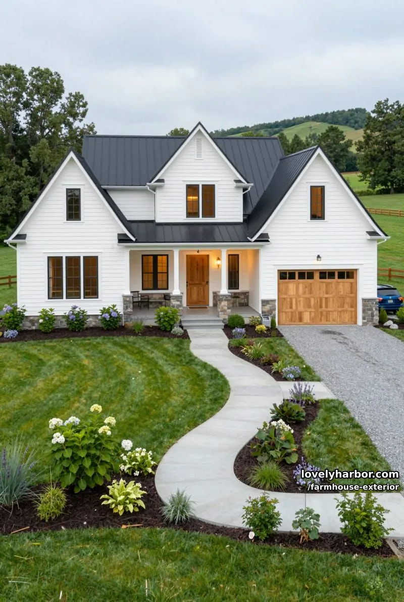 44 New Farmhouse Exterior Designs To Copy 54 large farmhouse, white siding, black roof, stone accents, split-rail fence, rolling hills. 1