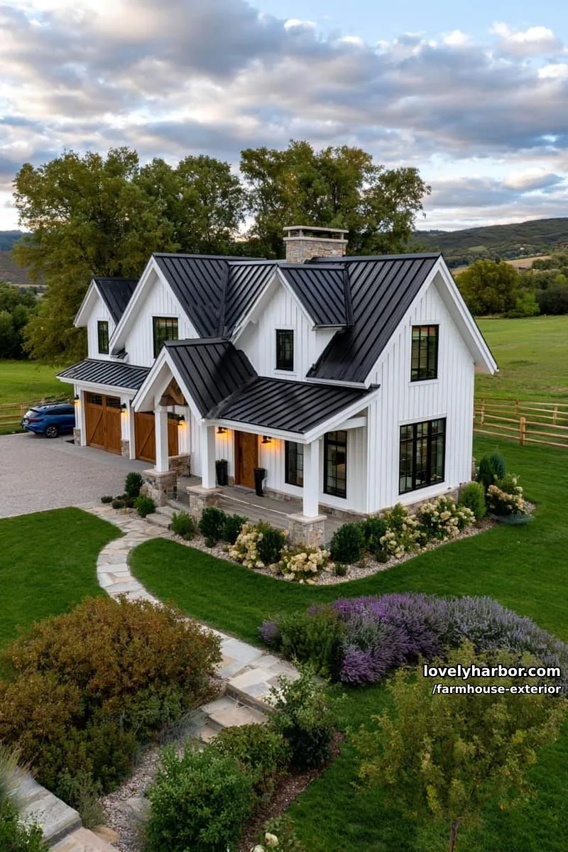 44 New Farmhouse Exterior Designs To Copy 55 large farmhouse, white siding, black roof, stone accents, split-rail fence, rolling hills. 1