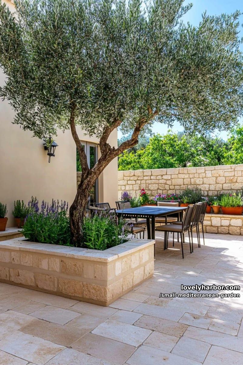 large olive tree in stone planter, patio, modern dining, dappled sunlight. 1