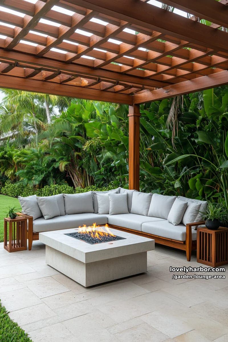 large pergola patio with sectional, fire pit, and tropical plants 1