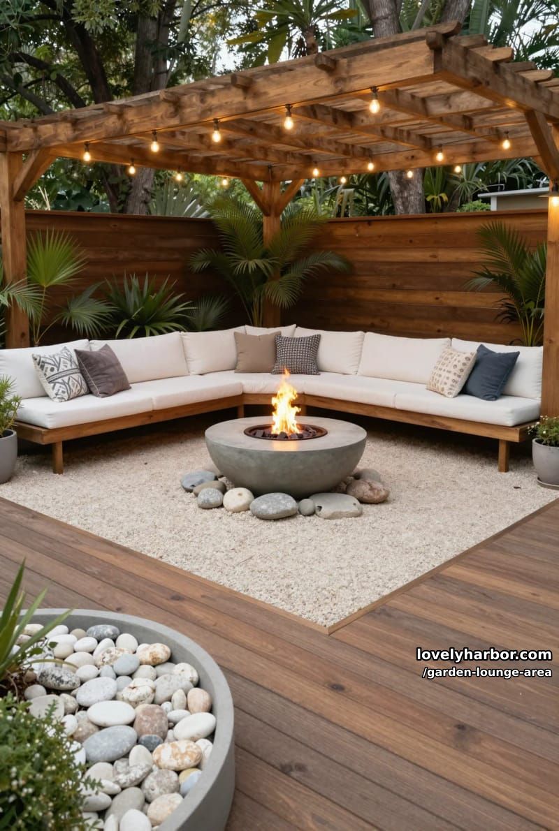 large pergola patio with sectional, fire pit, and tropical plants 1