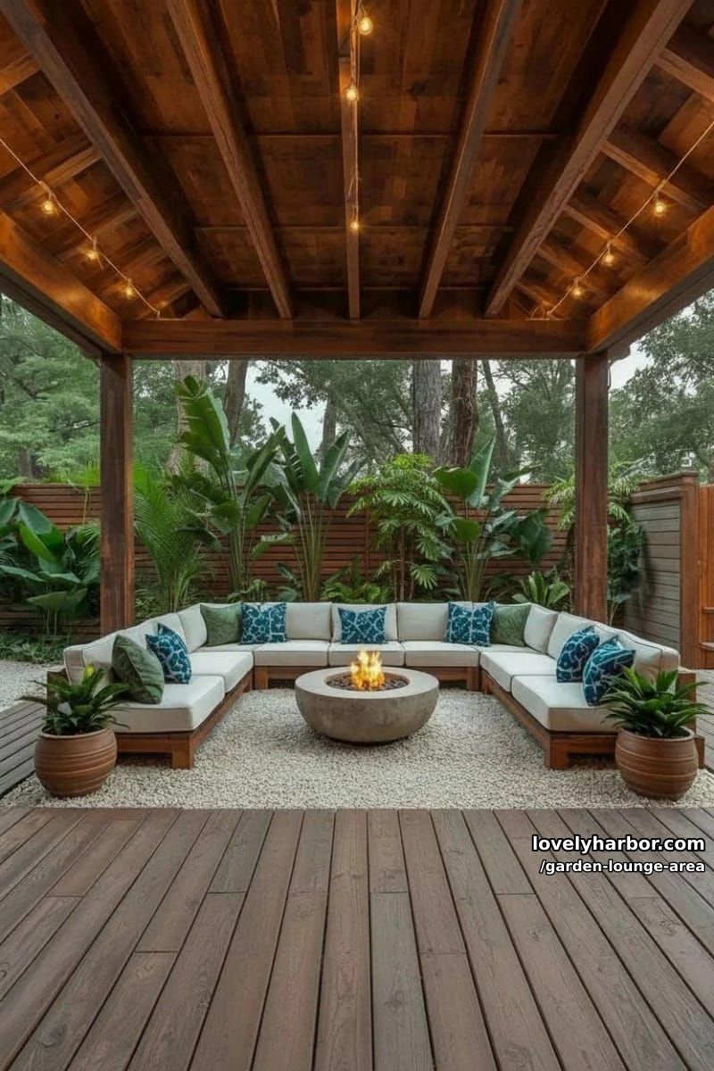 large pergola patio with sectional, fire pit, and tropical plants 1