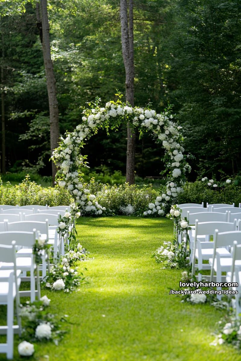 lawn ceremony with circular flower arch, white chairs, and lush greenery. 1